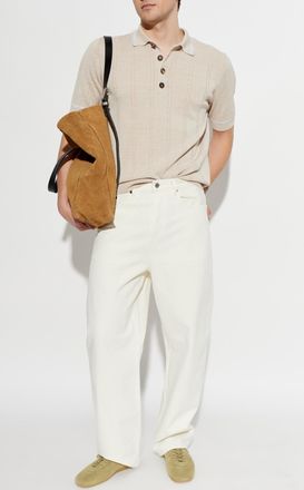 Eleventy Polo Shirt With Decorative Knit, Mens, Beige