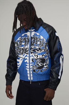 Boohooman Mens Boxy Fit Euphoric Graphic Skeleton PU Applique Varsity Jacket - Blue - Size X-Small