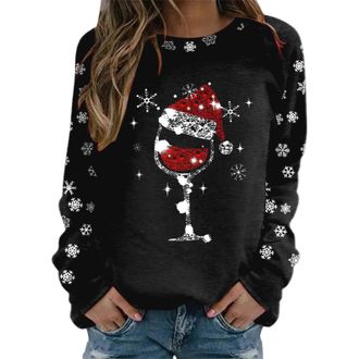 Generic Christmas Jumpers for Women Funny Casual Womens Oversized Sweatshirt Long Sleeve Wine Glass 2D Print Comfortable Xmas Jumper Sparkly Tops Womens Chris