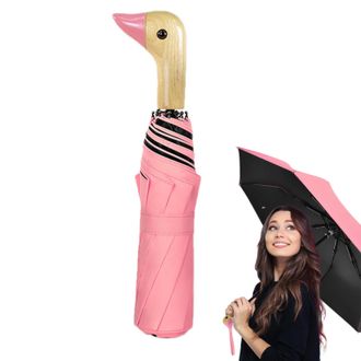 Generic Duck Umbrella Adult, Cute Duck Wooden Handle Umbrella, Windproof 8 Ribs 3 Folding Umbrellas, Rain And Sun Protection, Compact, For Home Work Travel