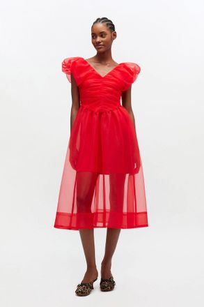 Ganni Red Organza Ruched Dress - Size 34