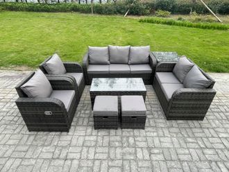 Fimous Outdoor Rattan Garden Furniture Set Rattan Lounge Sofa Set with Rectangular Coffee Table Side Table 2 Small Footstools Dark Grey Mixed