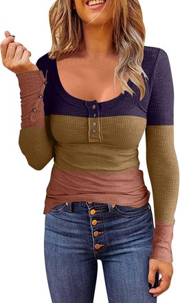 Generic Long Sleeve Tops Women Sexy Slim Fit Button Crop Tops Casual Stretch Plain Low Crew Neck Sweatshirts BasicLightweight Ribbed Top Jumpers Blouse Y2K Kn