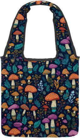 Generic Leaves with Mushroom Reversible Canvas Shoulder Tote - Double-Sided Print, 12oz Cotton, 27cm Drop, Fold-Flat Bag for Travel, Shopping, Street Outings