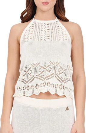 Akep White Openwork Tricot Linen-Cotton Tank Top