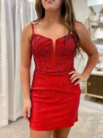 Sherri Hill Fitted Hot Fix Dress In Red