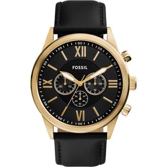 Fossil Flynn Leather Strap Chronograph Watch, 48mm in Black/Gold at Nordstrom Rack
