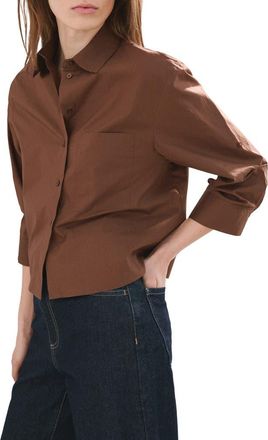 Mango Stripe Cotton Button-Up Shirt in Brown at Nordstrom, Size 6
