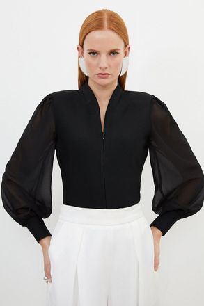 Karen Millen Womens Bandage Figure Form Zip Detail Chiffon Sleeve Knit Top - Black - Size X-Small