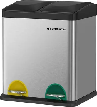 Songmics Cubo de reciclaje con 2 compartimentos de 15 L de color plata y negro