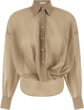 Brunello Cucinelli Semi-transparante katoenen tafzijde blouse - Dames - Overhemden - Beige - L - Katoen - Overhemden
