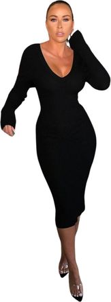 Femme Luxe Ribbed V Neck Midi Jumper Dress - Ivy - Black - 8/10