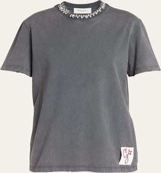 Golden Goose Distressed Crystal Embroidered Crewneck Tee