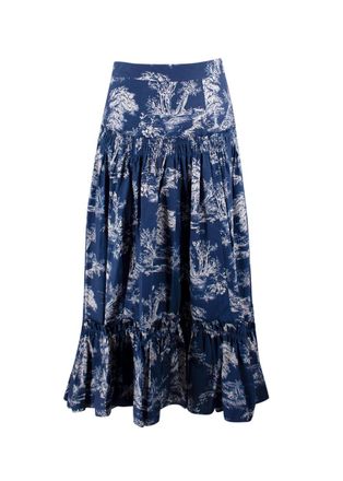 Cara Cara Navy Toile de Jouy Printed Tiered Cotton Skirt Size XXS