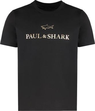 Paul & Shark Cotton T-Shirt met Metallic Logo Print - Heren - T-shirts - Zwart - XL - Katoen - Tops