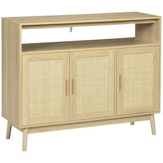 HOMCOM Homcom - Aparador De Cocina De Estilo Boho Mueble Buffet Auxiliar Con 3 Puertas De Rat&aacute;n Estantes Ajustables Y Patas De Madera Para Sal&oacute;n 120x40x97 Cm