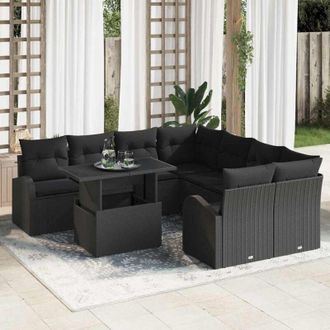 vidaXL Vidaxl - Conjunto De Sof&aacute; De Jard&iacute;n Con Coj&iacute;n 9 Pcs Negro Polirat&aacute;n