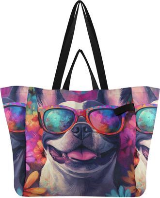 Generic Dogs Flowers Colorful pattern Reusable Canvas Tote Bag, Heavy Duty Grocery Shopping Bag with Large Capacity Double Handles Hard Bottom Work Groceries 
