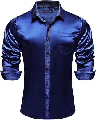 Barry.Wang Mens Blue Paisley Collar Shirts Long Sleeve Dress Stretch Button Down Satin Shirts Formal Casual Business