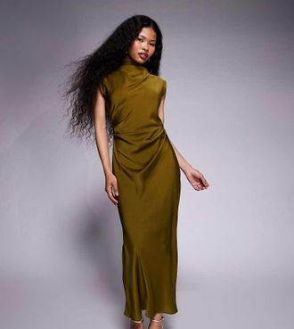 Asos Petite ASOS DESIGN Petite - Vestito midi in raso verde accollato con corpino a pieghe