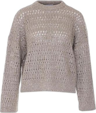 Brunello Cucinelli Pullover met ronde hals van linnenmix met pailletten - Dames - Truien - Beige - Maat: L Linnen