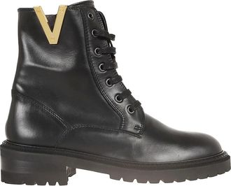 Via Roma 15 Zwarte kalfsleren amfibische laars met studs - Dames - Veterlaarzen - Zwart - 36 EU - Leer - Schoenen