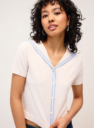Twik Womens Accent stripes sailor-collar Cardigan Sweater