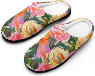 Generic Watercolor Rose Pattern Mens House Slippers Memory Foam Washable Cotton Slip on Home Shoes