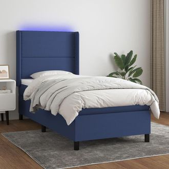 vidaXL Cama Box Spring Colch&oacute;n Y Luces Led Tela Azul 90x200 Cm Vidaxl