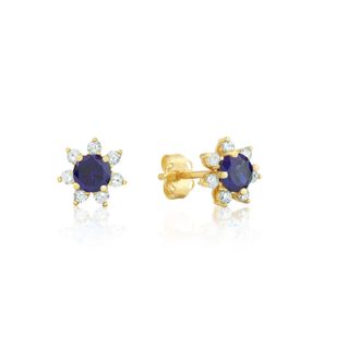 MAX + STONE 14k Yellow or White Gold Gemstone and 4mm Diamond Flower Halo Stud Earrings