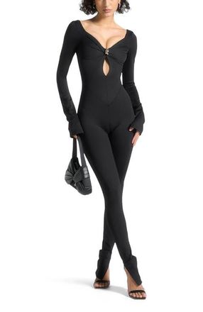Mani&egrave;re De Voir Twisted Bust Off Shoulder Jumpsuit in Black at Nordstrom, Size 6