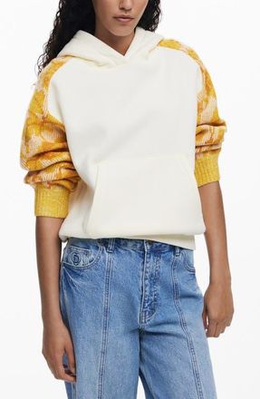 Desigual Mixed Media Hoodie in Ivory/Yellow at Nordstrom, Size Large