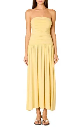 Nia Santal Ruched Strapless Midi Dress in Maize at Nordstrom, Size X-Large