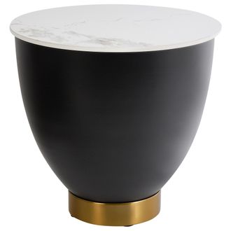 Beliani Beliani - Mesa Auxiliar Tablero De Piedra Sinterizada Blanco Aspecto Natural Base De Metal Negro Detalles Dorados Dise&ntilde;o Moderno &Oslash; 48 Cm Nadine