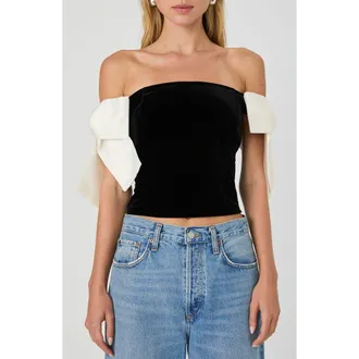 French Connection Carey Satin Bow Detail Off the Shoulder Velvet Crop Top in Black-Porcelain Cream at Nordstrom, Size 12