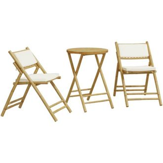 vidaXL Juego Bistr&oacute; Plegable De Bamb&uacute; 3 Pzas Con Cojines Blanco Crema Vidaxl