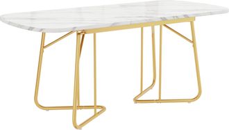 STILVORA Mesa De Comedor Extensible Con Tablero Efecto M&aacute;rmol Y Patas De Metal Dorado, Estilo Moderno, En Mdf, Blanco