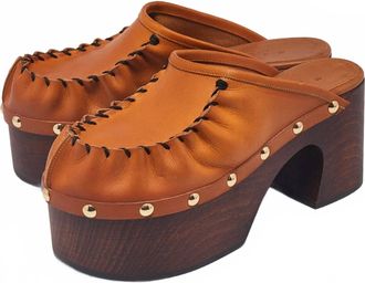 Marni Womens Sabo Ruched Leather Studded Platform Clog In Brown