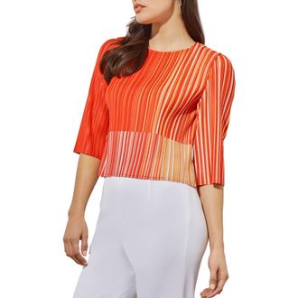 Ming Wang Stripe Pliss&eacute; Elbow Sleeve Top in Flame Stripe at Nordstrom Rack, Size X-Small