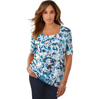 Jessica London Stretch Cotton Square Neck Tee in Blue Watercolor Petals at Nordstrom, Size 28