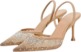 Generic Women Luxury Rhinestone High Heel Sandals Summer Sexy Pointed Toe Wedding Dress Shoes Apricot