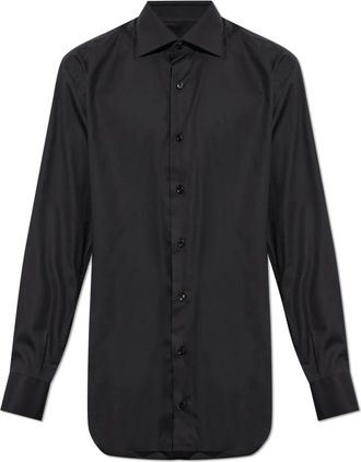 Brioni Cotton Shirt - Heren - Zakelijke Overhemden - Zwart - XL - Katoen - Overhemden