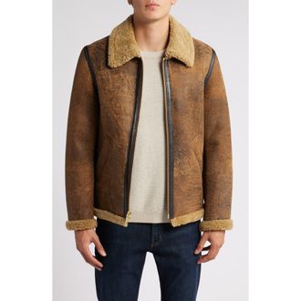 Schott NYC Genuine Shearling Collar Sheepskin Bomber Jacket in Brown at Nordstrom, Size Large