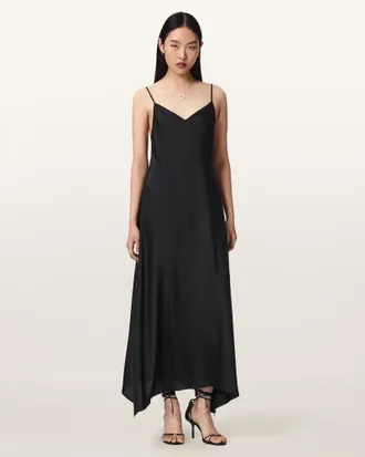 AllSaints Polyester Leona V-Neck Maxi Slip Dress, Size: UK 14/US 10