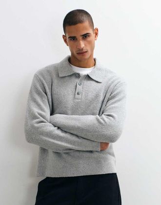 Arket polo in maglia in misto cotone a maniche lunghe blu grigio