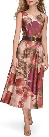 DKNY Floral Print Belted Midi Dress in Red at Nordstrom, Size 14
