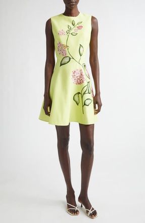 Oscar De La Renta Porcelain Flowers Wool Blend Stretch Crepe Fit & Flare Minidress in Pink/Pear at Nordstrom, Size 12
