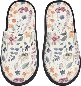 Generic Mens Slipper Watercolor Flowers Print Non-Slip Hotel Slippers Breathable Plush Womens Slippers Bedroom Winter M