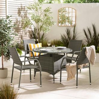 Furniturebox Antigua Rattan 4 Seat Round Table Garden Dining Set in Grey