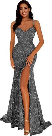 Generic Womens Mermaid Sequin Prom Dresses V-Neck Backless Bridesmaid Dress Long Slit Formal Evening Party Ball Gown Gray XL